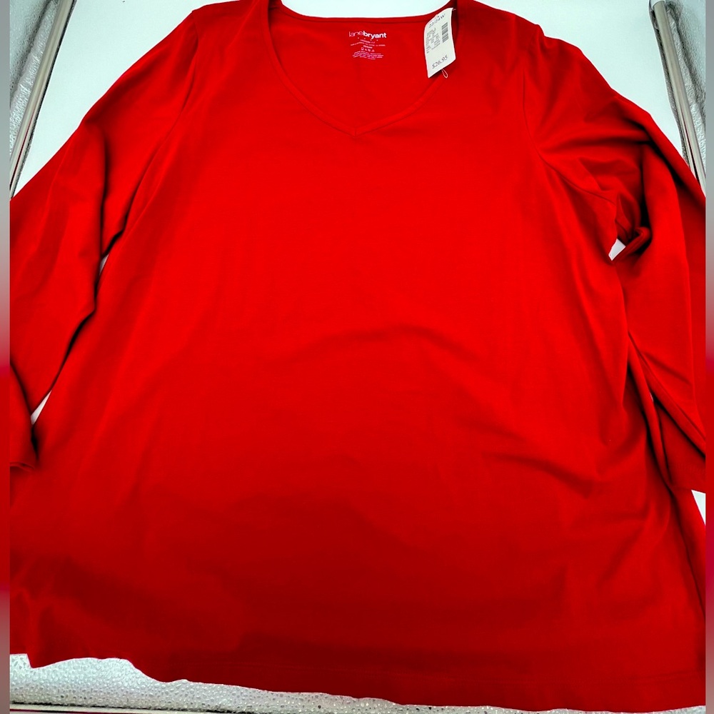 Lane Bryant Modern Fit cotton Red V-neck Long Sleeve Tee shirt Top 22/24W NEW